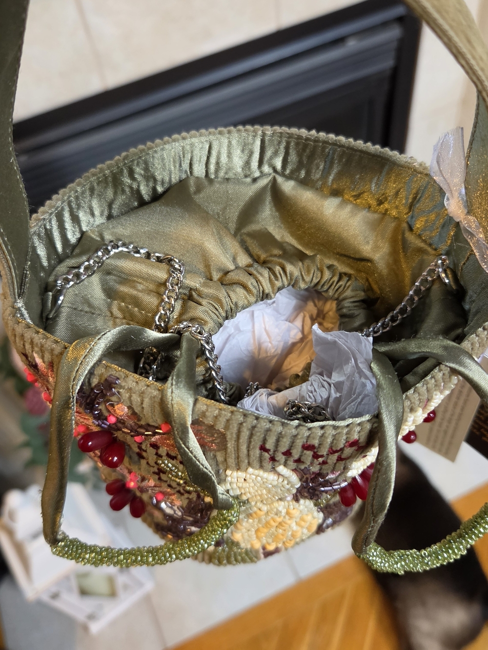 Embroidered Beaded Floral Bucket Bag - Olive Green - Picture 2 of 5